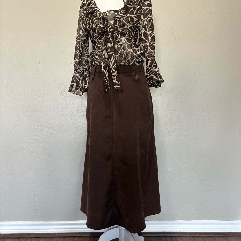 NWT 90s Sheer Floral Ruffle Tie Blouse Brown Beige | Versailles PM - Picture 9 of 12
